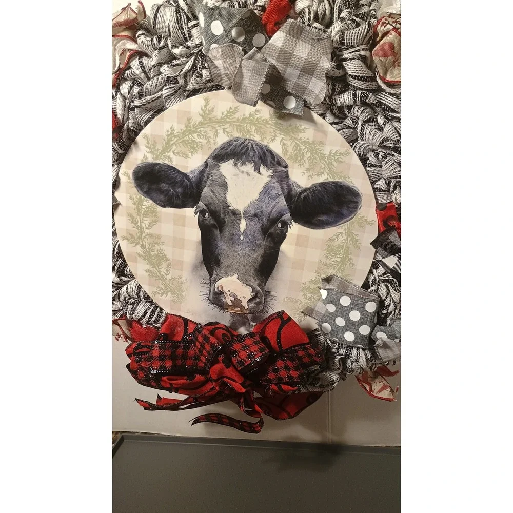 Handmade Cow Wreath Unisex Large Black White Excellent Farmhouse Plaid Mesh